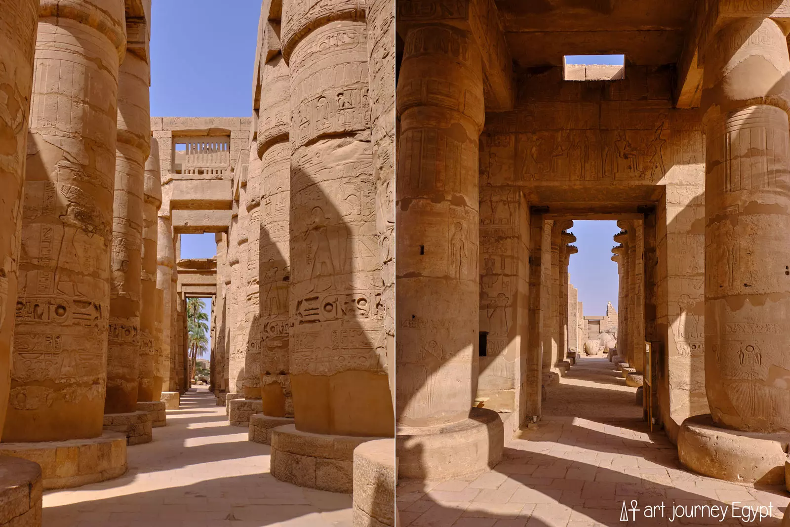 Karnak hypostyle columns and Ramesseum hypostyle room, Luxor temples